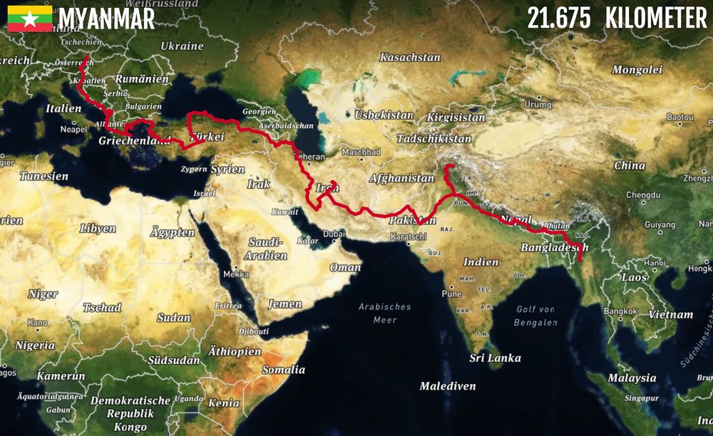 Map of the eastern Europe and Asia with a red line zigzagging from Austria to Myanmar.