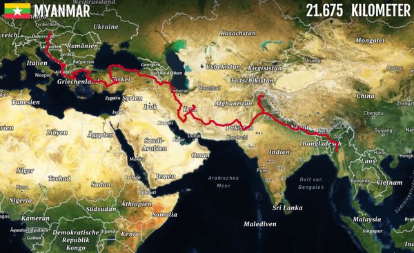 Map of the eastern Europe and Asia with a red line zigzagging from Austria to Myanmar.