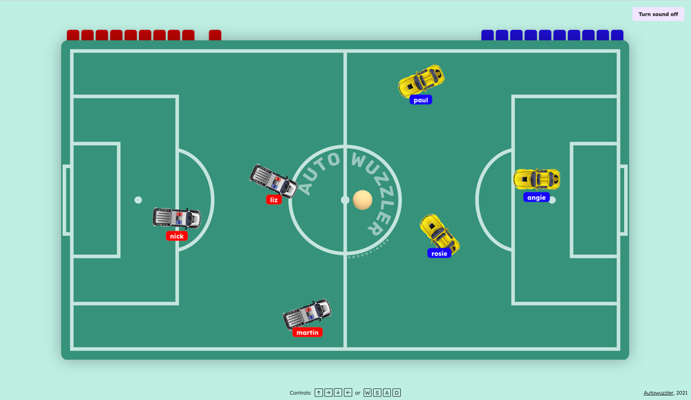 Top down view of a virtual foosball field with 6 toy cars.