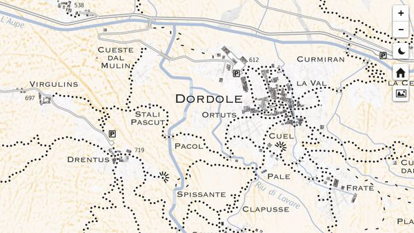 Light brown hand-drawn map of a town called Dordole.