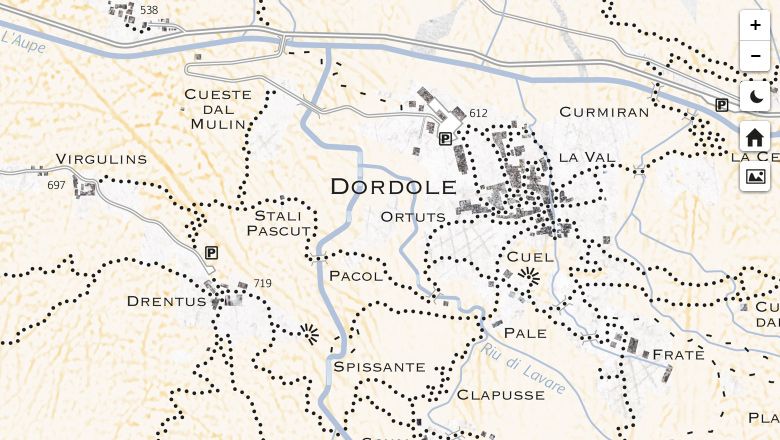Light brown hand-drawn map of a town called Dordole.