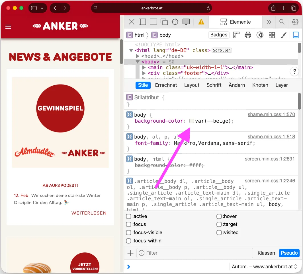 screenshot of the ankerbrot.at homepage, beige background, red page header and red browser UI