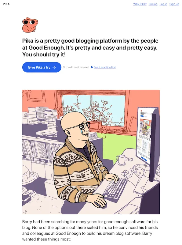 Pika landing page screenshot showing bold copy "Pika is a pretty good blogging platform by the people at Good Enough. It’s pretty and easy and pretty easy. You should try it!"