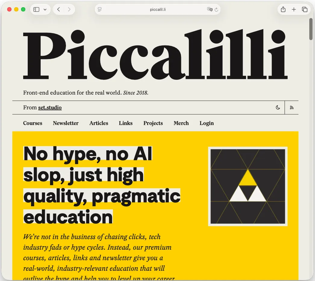 screenshot of the piccalilli homepage, Safari shows a solid sand colored header
